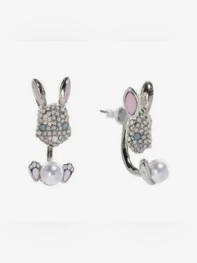 NWT Betsey Johnson Crystal Bunny Pearl Drop Earrings in Silver